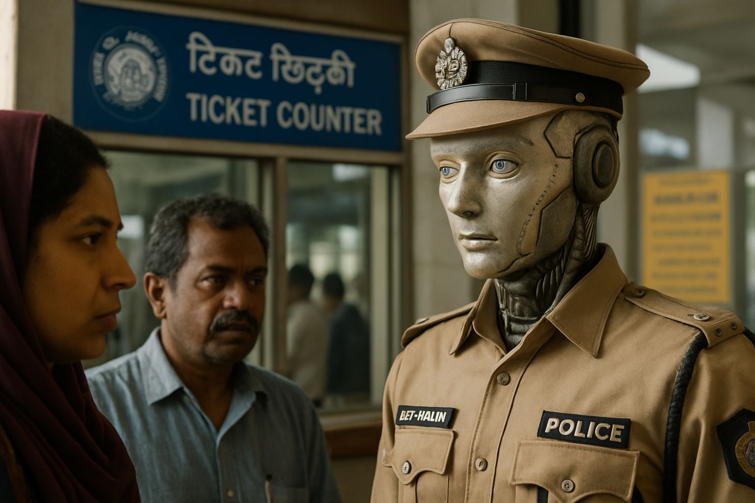 Indian Railways robot officer ASC ARJUN assists passengers at ticket counter.