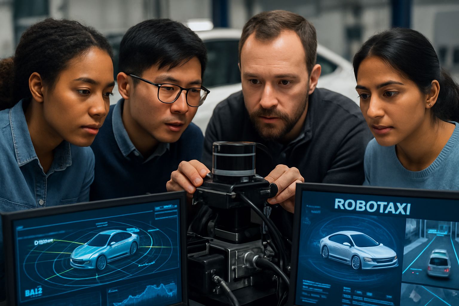 Uber AV Labs engineers work with robotaxi sensors and data in a modern automotive lab.
