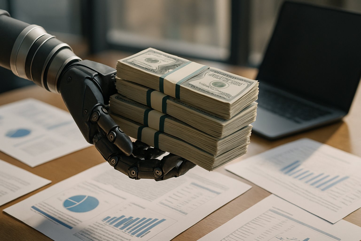 Financial Inflows represented by a robot arm holding cash in a corporate setting