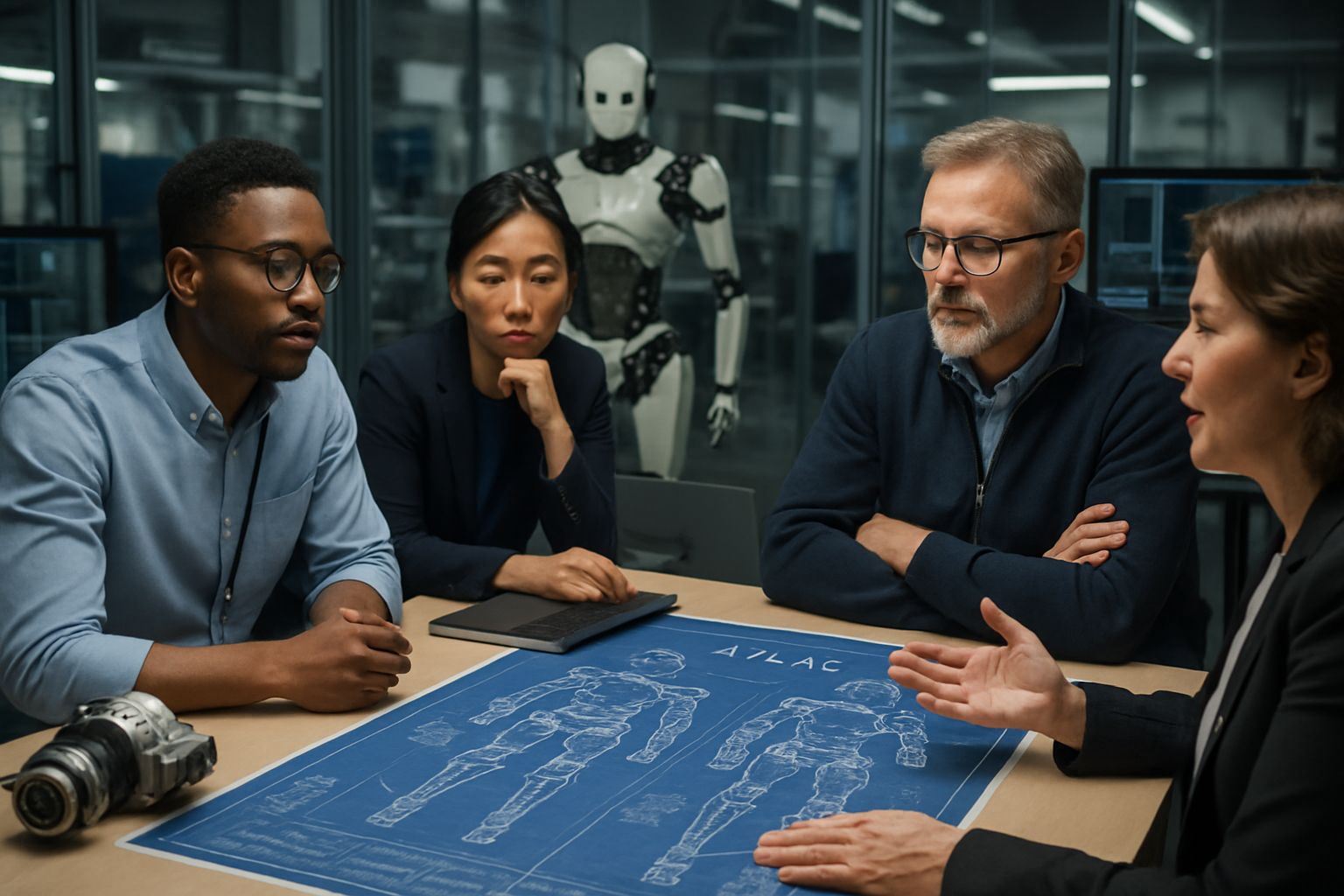 Robotics engineers planning Atlas integration in laboratory environment