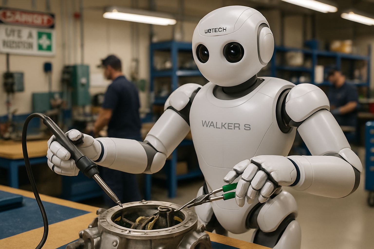 Humanoid Robots performing precise assembly tasks on airplane components in realistic setting.