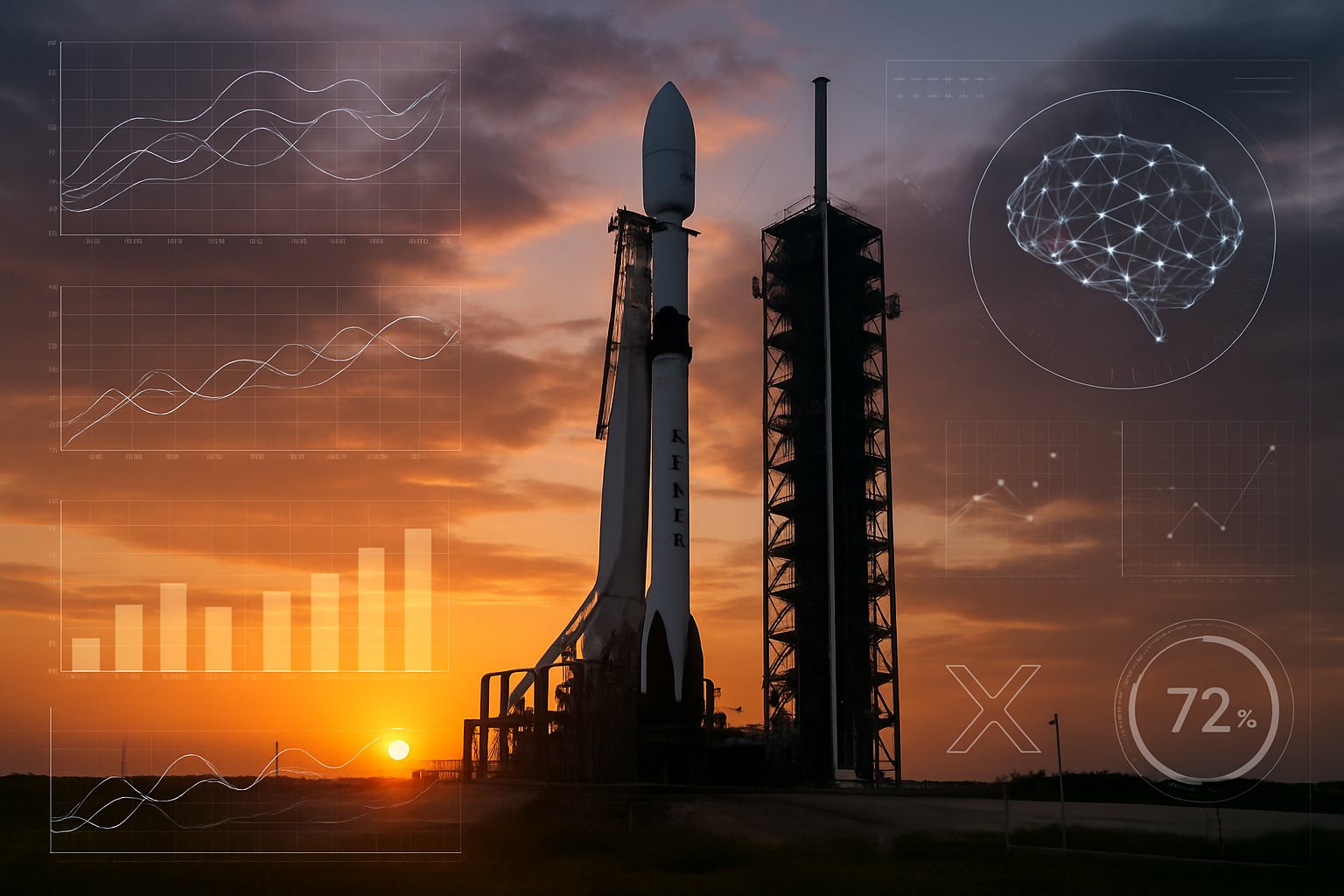 SpaceX rocket launch pad with xAI Merger themes