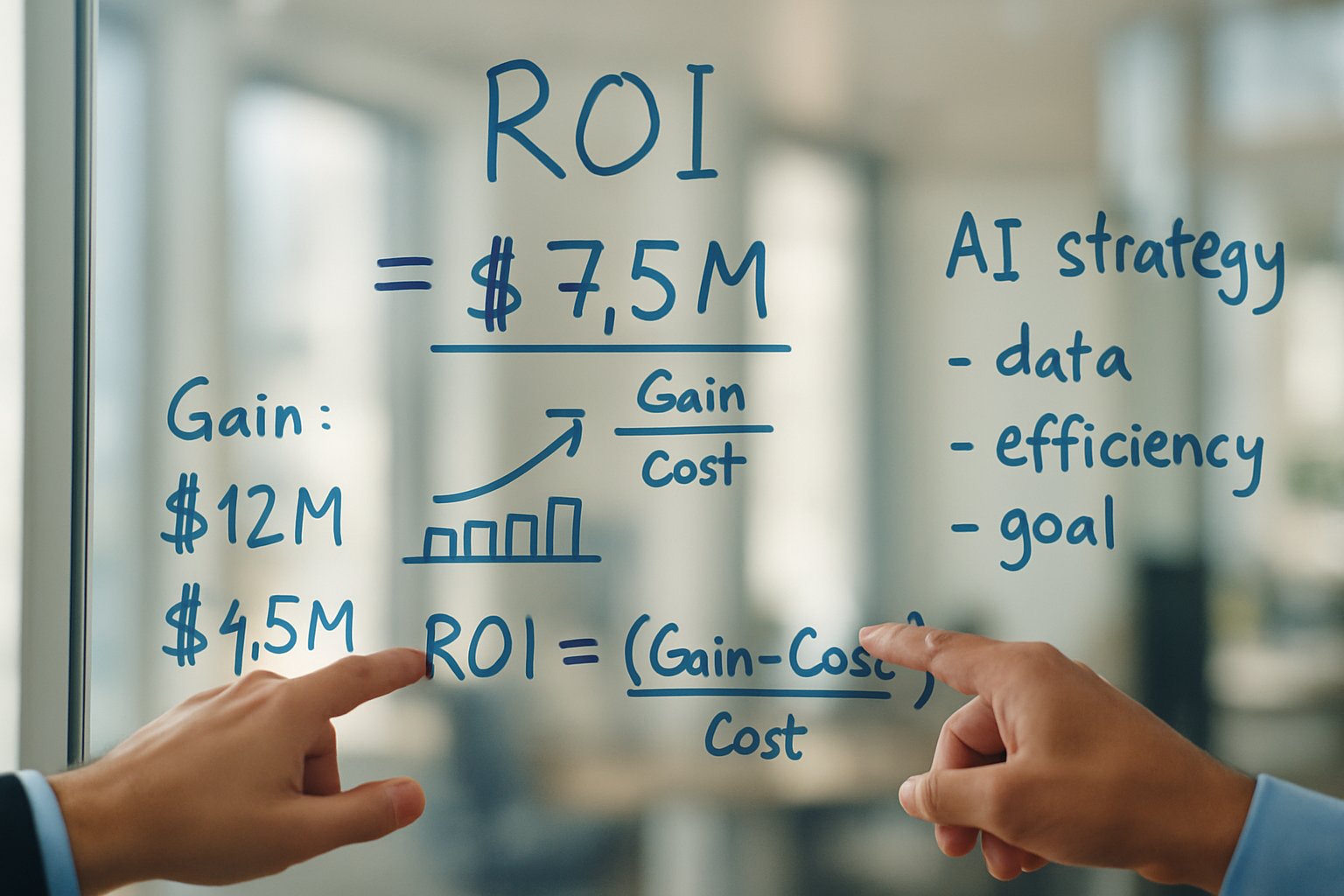 Glass whiteboard with handwritten AI ROI calculations and strategy notes.