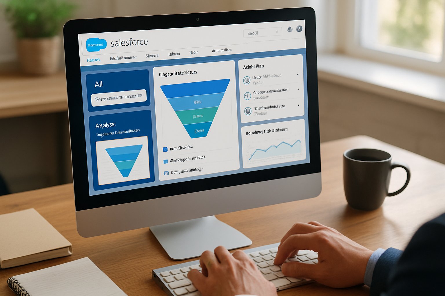 Salesforce AI strategy dashboard with highlighted new AI features visible on laptop screen.