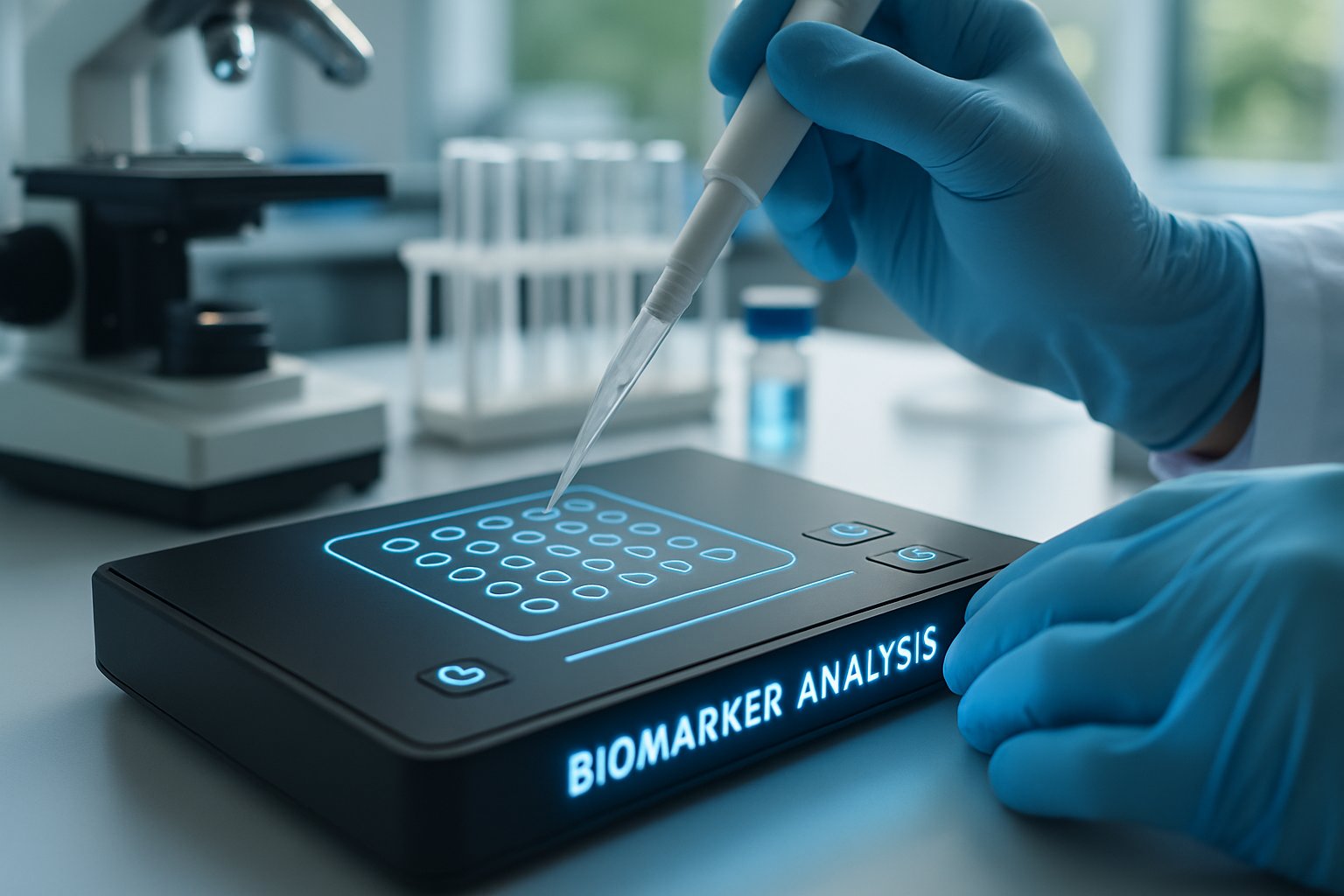 Scientist analyzing samples on Biomarker Discovery Platforms in laboratory setting.