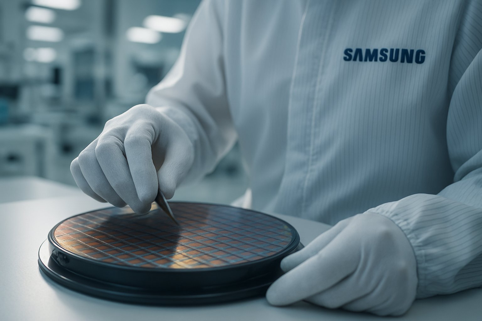 Technician handles semiconductor wafer during Semiconductor Market Rally at Samsung lab.