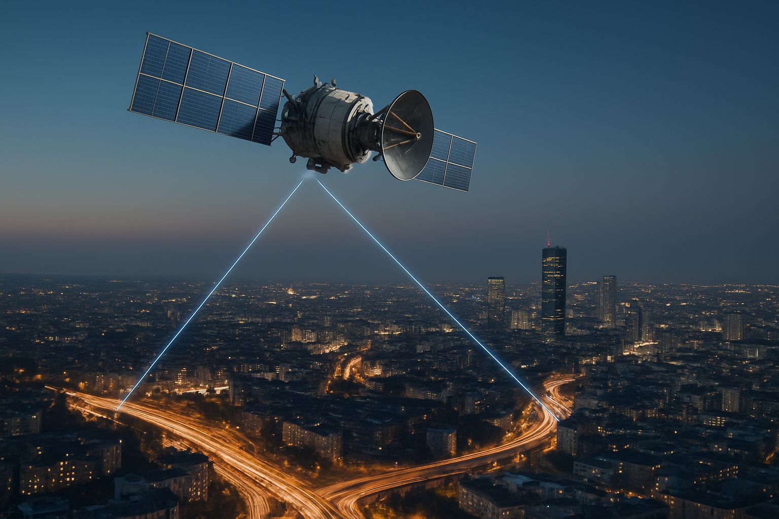 LEO satellite facilitating Native Connectivity above a vibrant real-world cityscape.