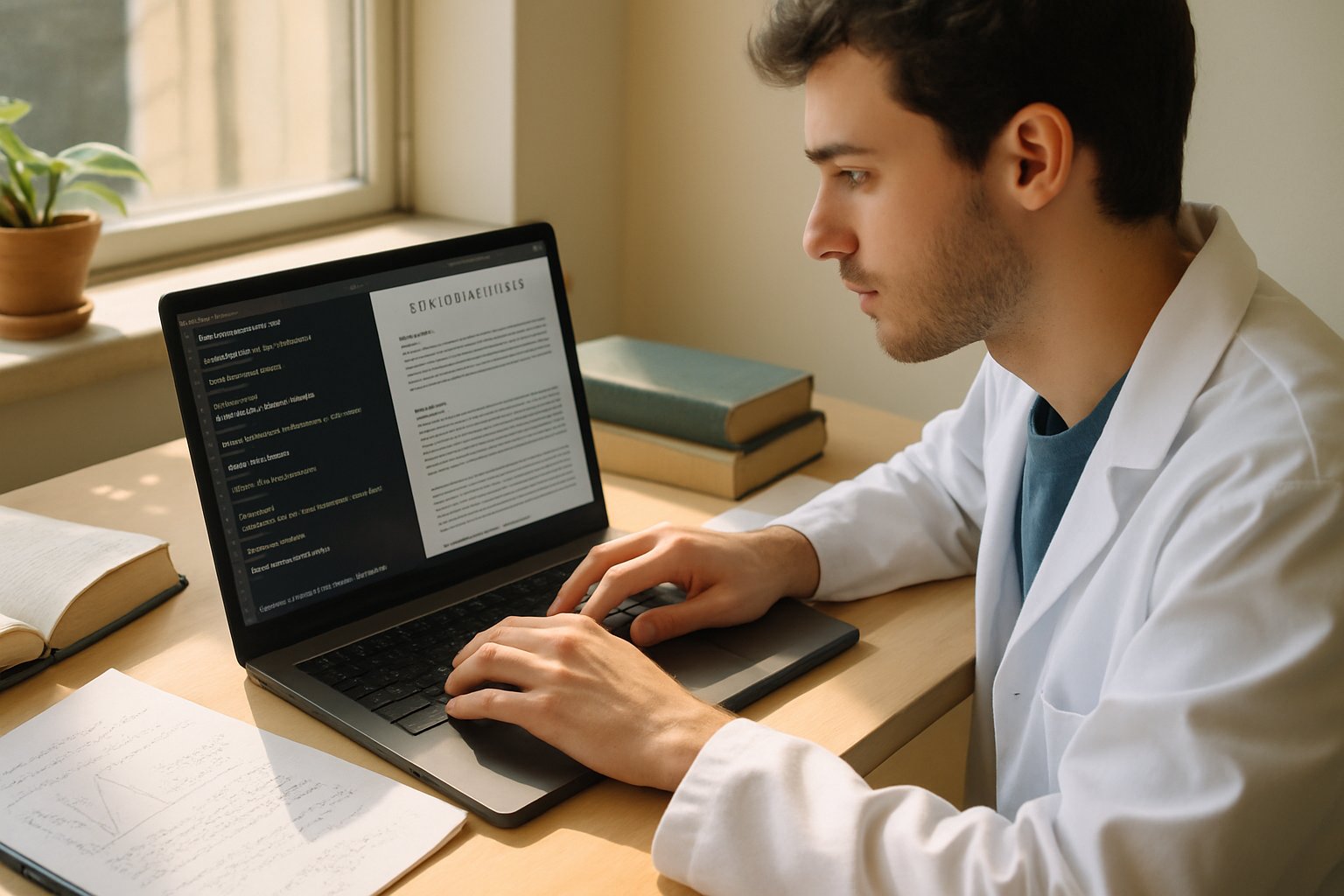 Scientist editing manuscript with OpenAI free tools and LaTeX code on laptop.