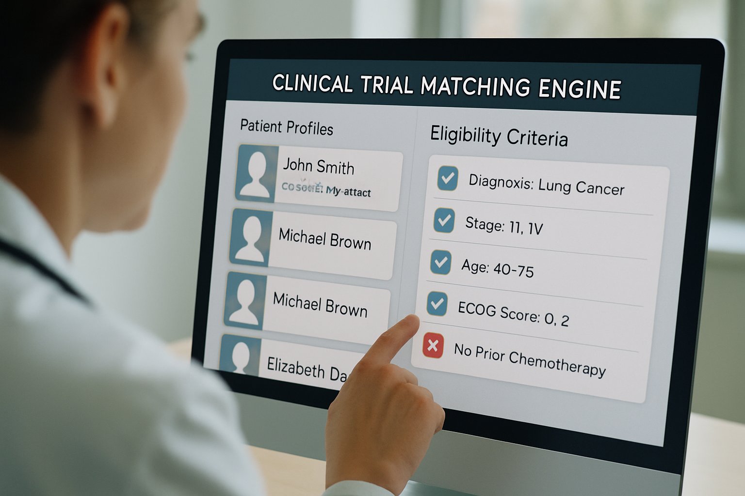 Clinical trial matching engines interface on a researcher’s computer