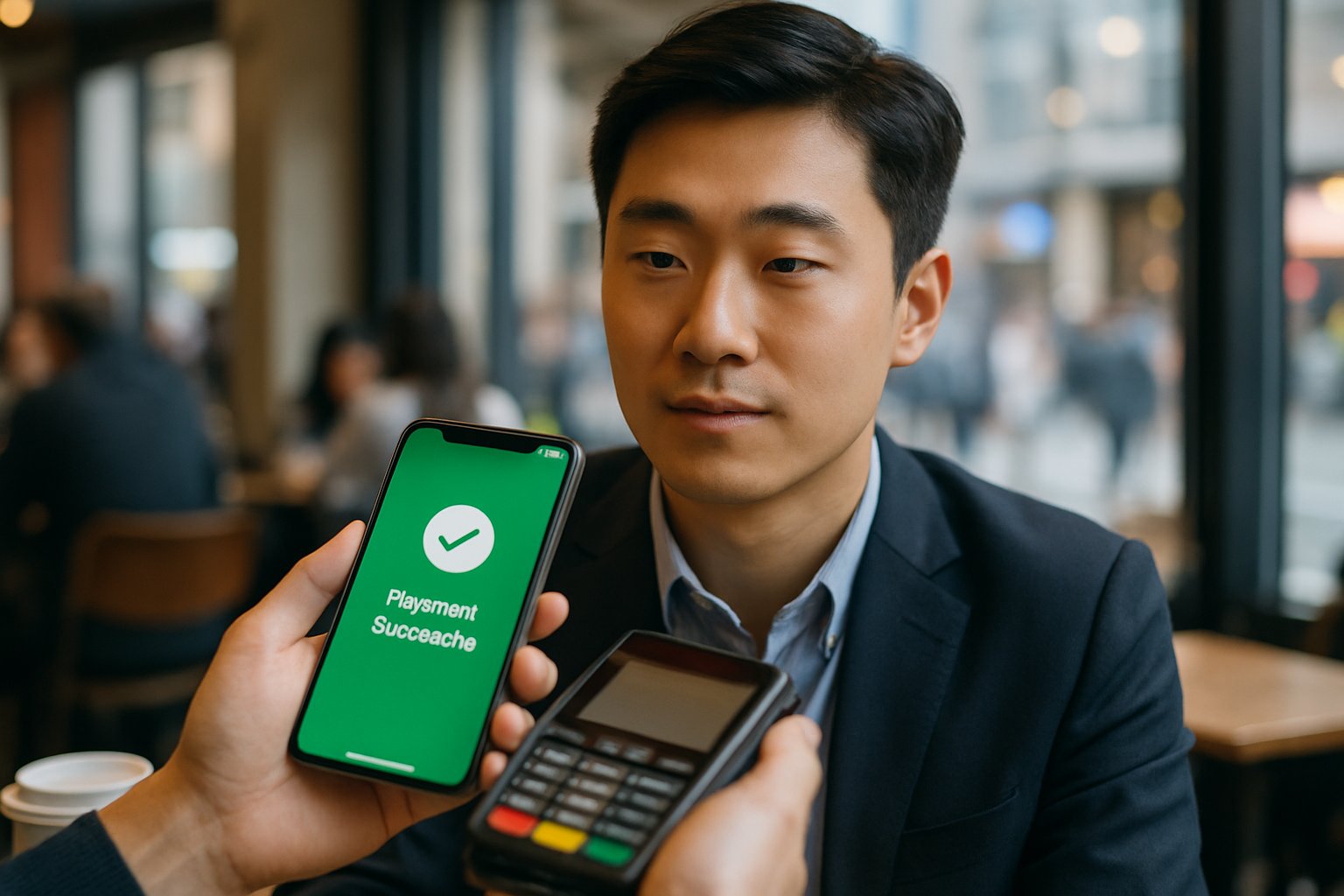 Young Chinese professional uses Agentic Commerce Push mobile payment at urban café.