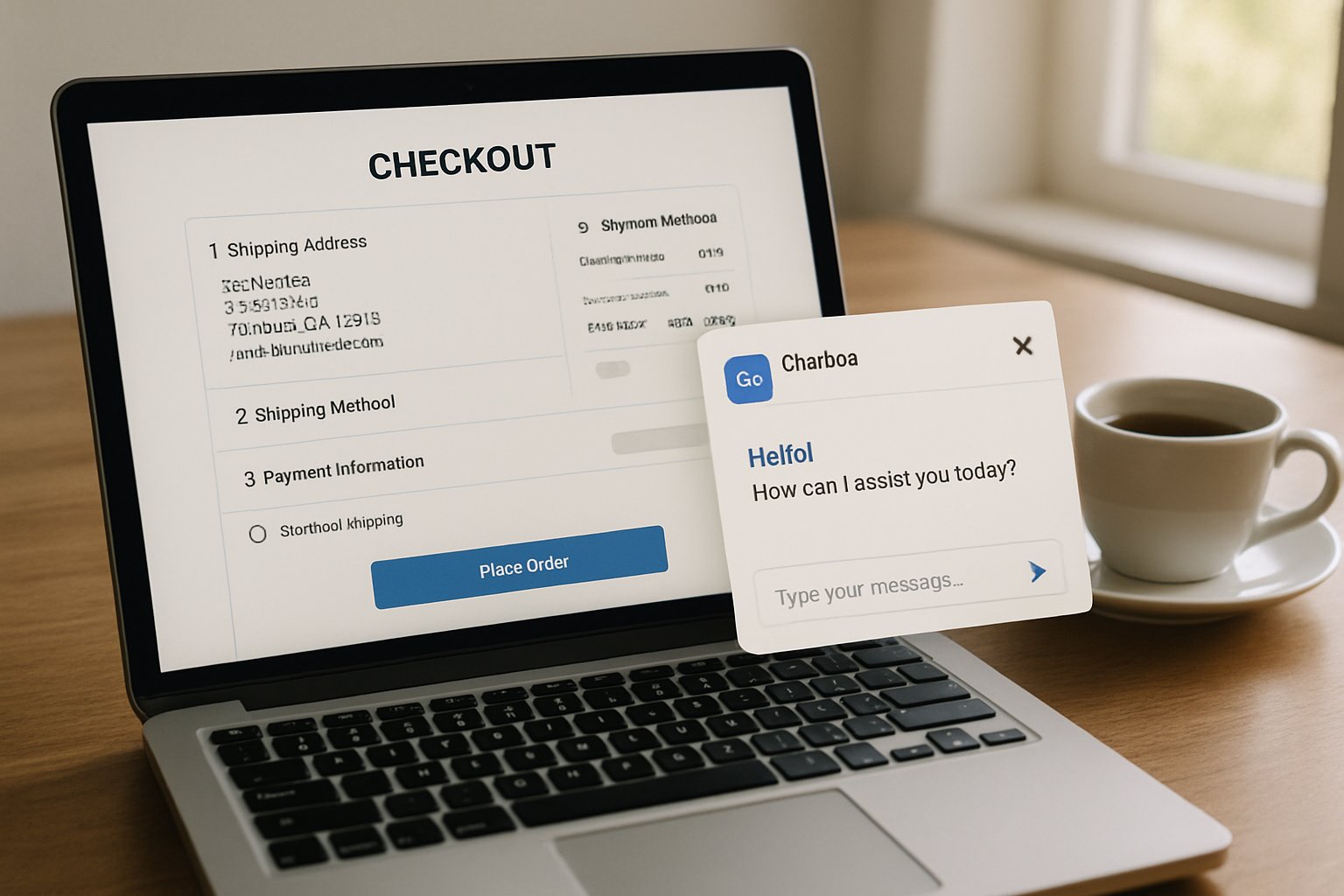 Laptop displays Agentic Commerce Standard secure checkout and AI support features.