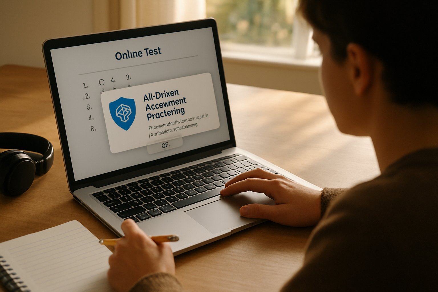 Student using AI-Driven Assessment Proctoring software for a secure online exam at home.