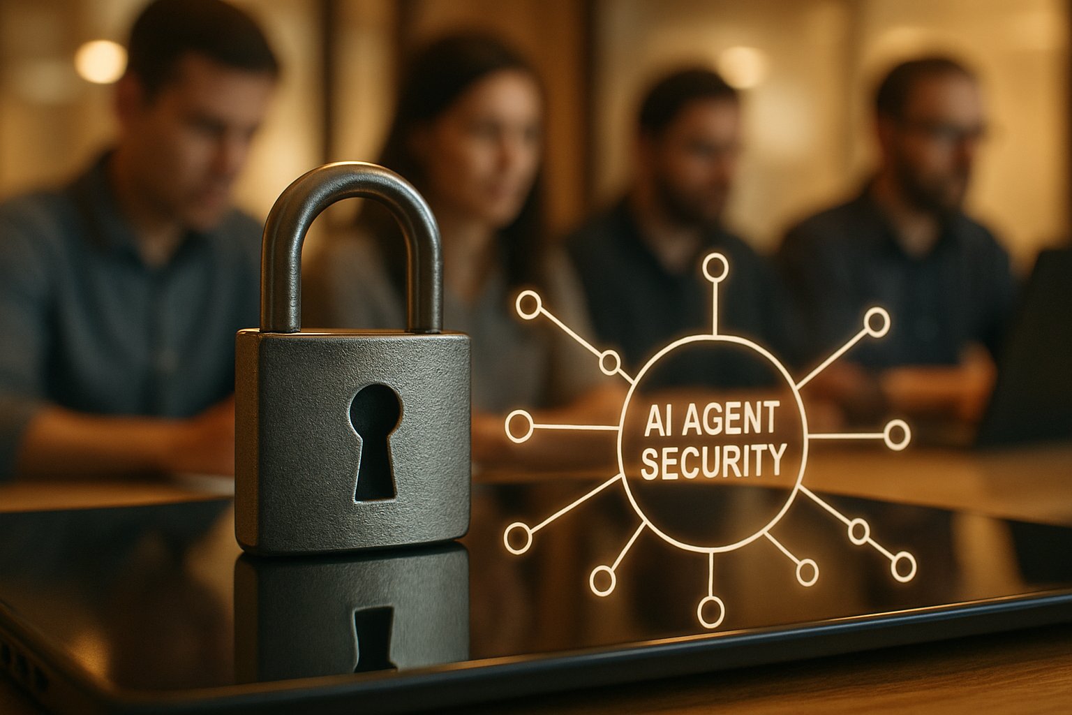 Digital padlock on network diagram illustrating AI Agent Security layers.