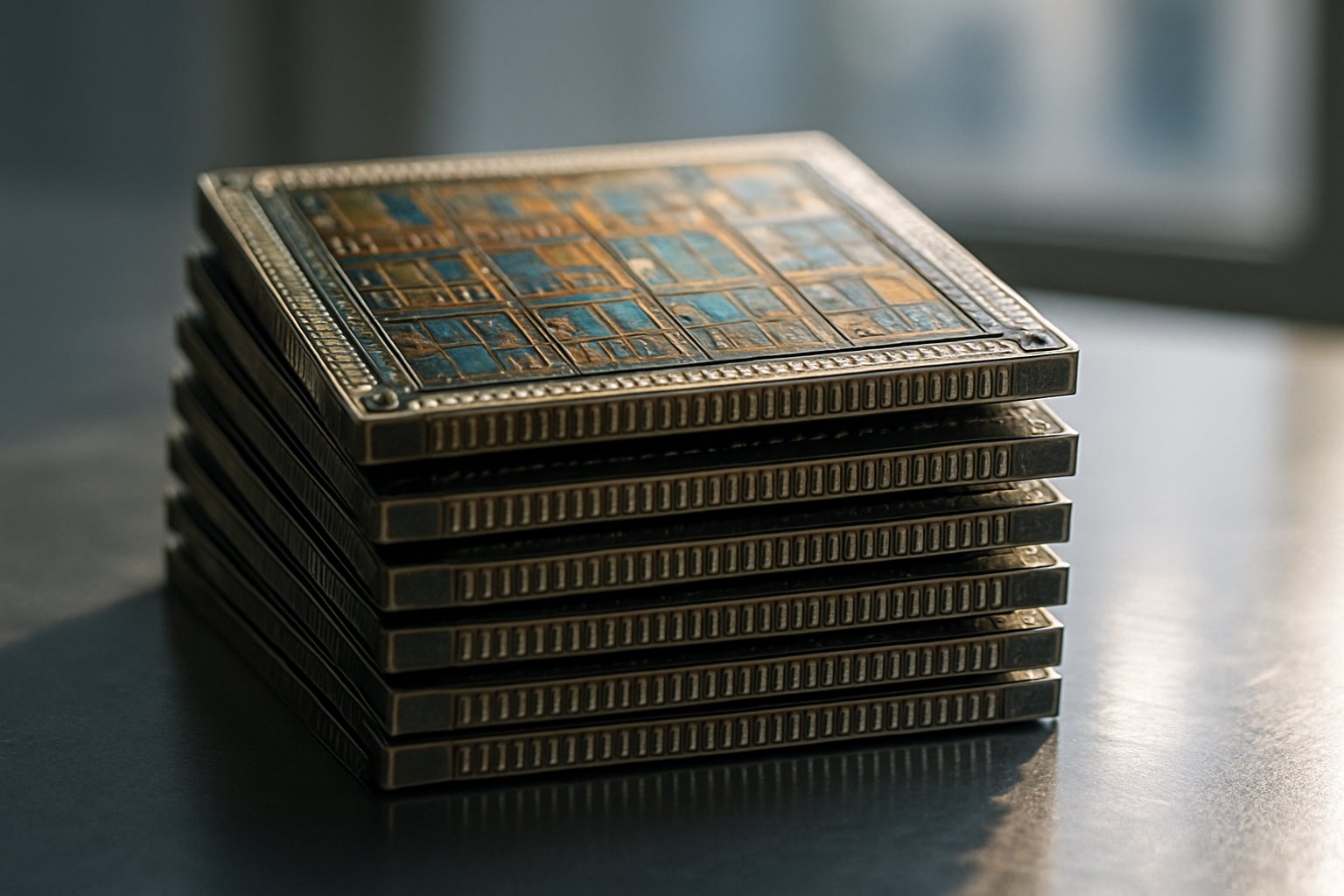 Finished semiconductor chips displayed under natural lighting.