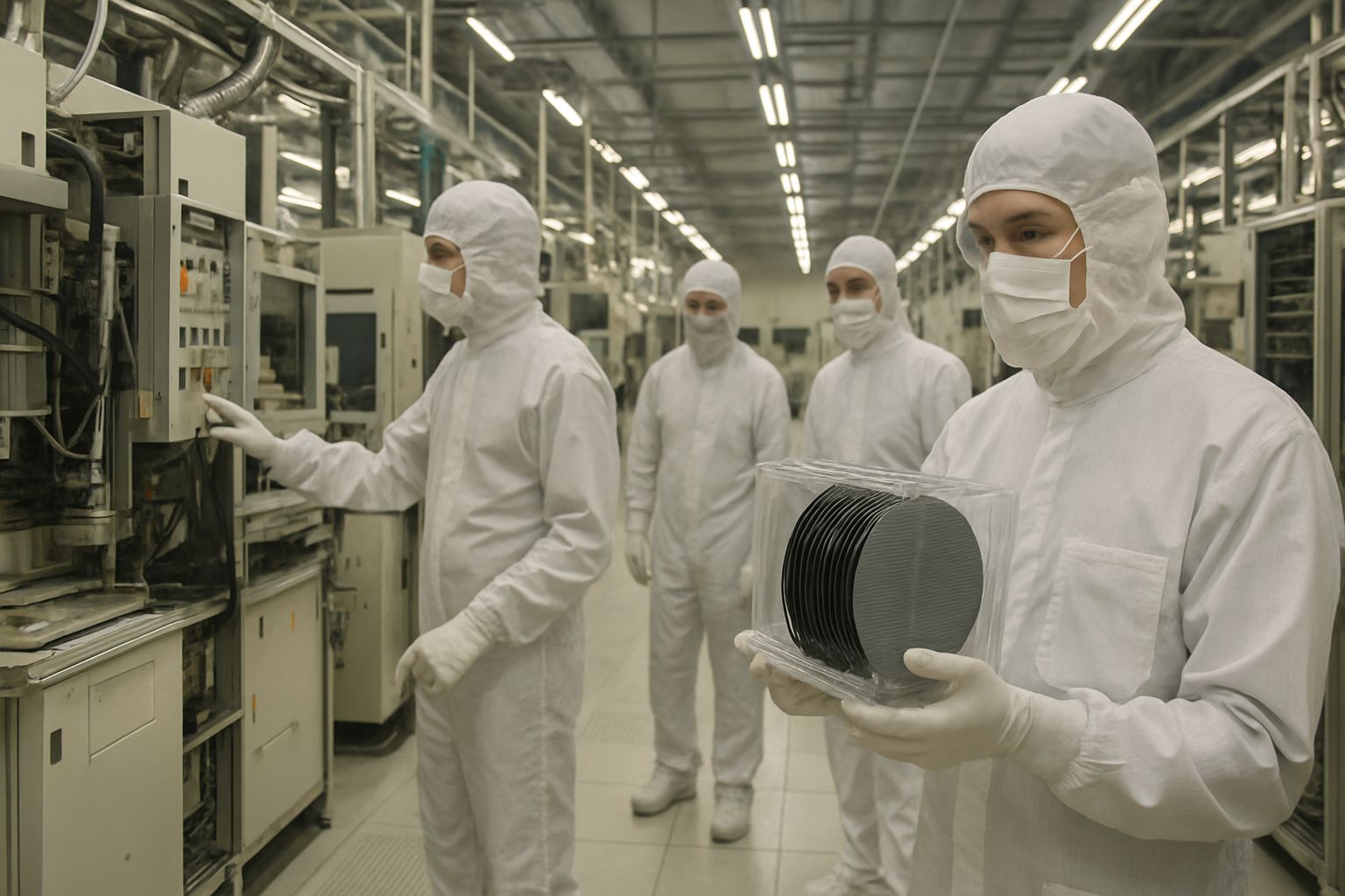 Semiconductor fabrication workers in cleanroom observing AI memory chip demand impact.