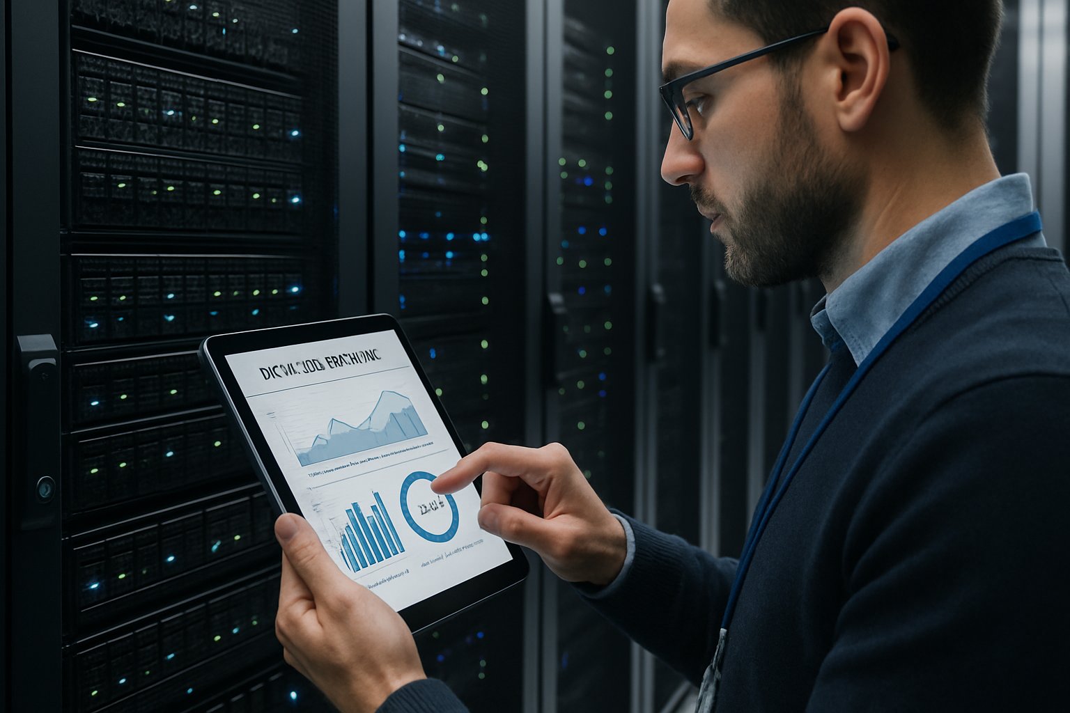 IT specialist monitors synthetic data governance frameworks in a secure server room.