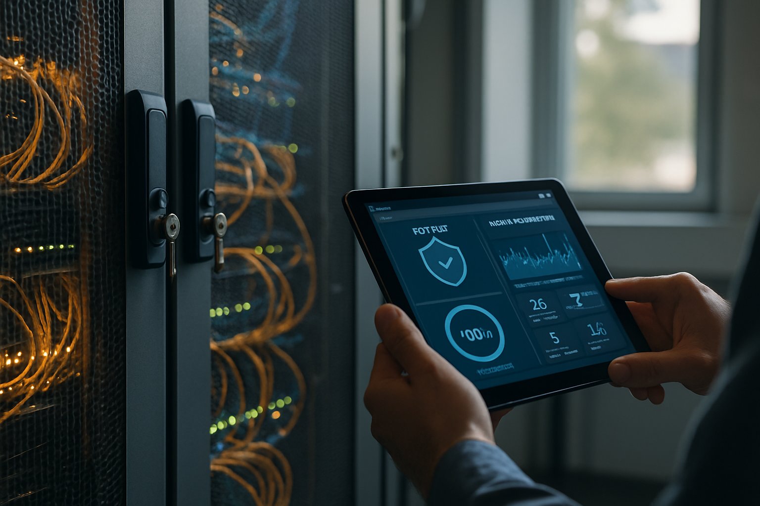 Technician auditing Threat Intelligence Aggregators in a secure server room.
