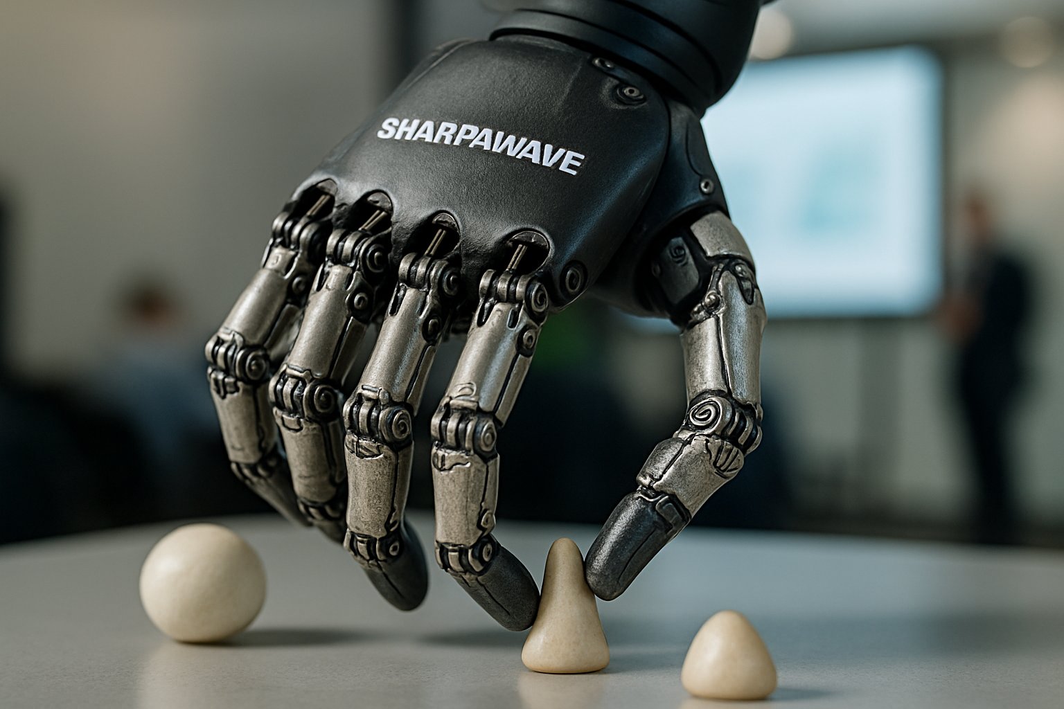 Humanoid Robotics Development detailed in SharpaWave robotic hand showing fine motor skills.