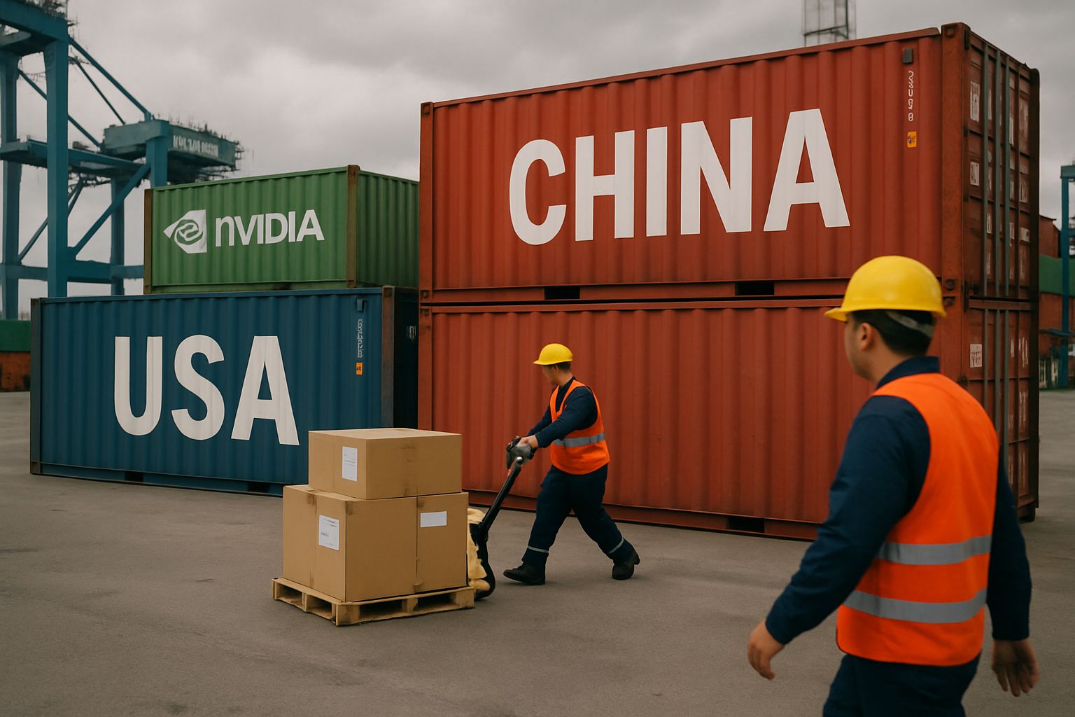 Port workers handle Nvidia shipments reflecting new AI Trade Policy.