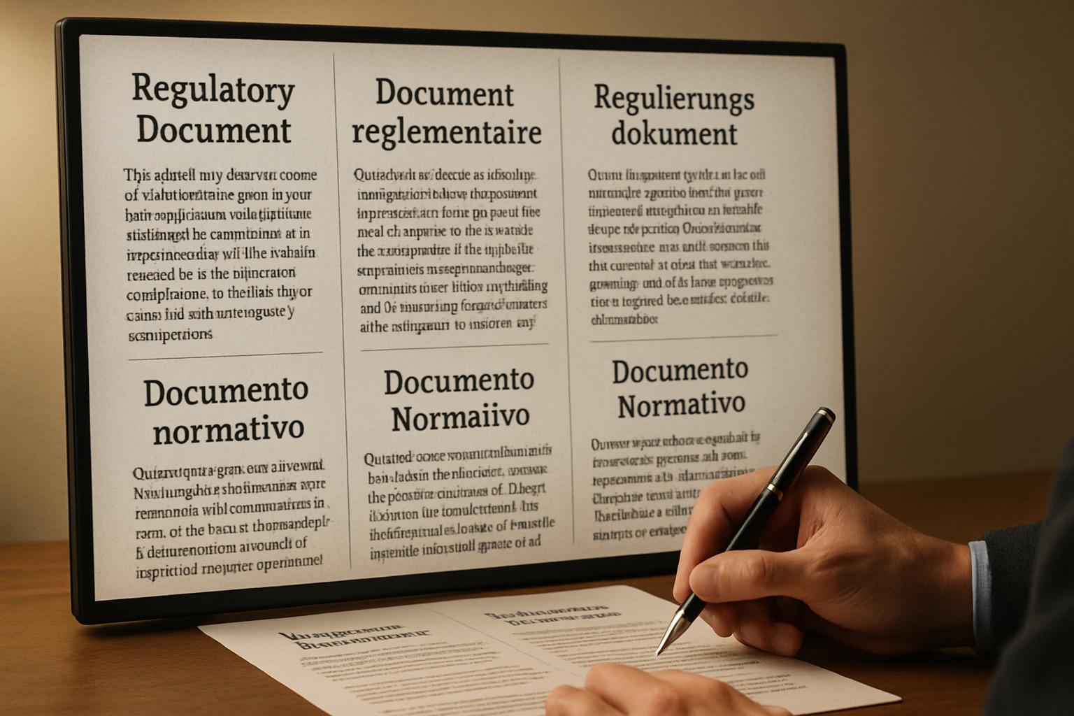 Multilingual compliance translation systems reviewing legal documents in several languages.
