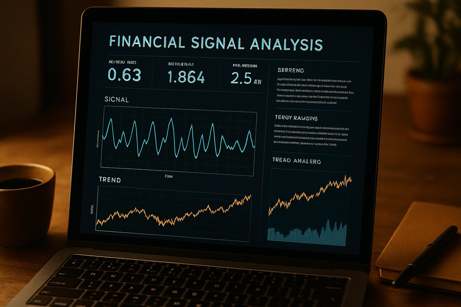 Detailed Signal Analysis data on computer screen with finance accessories.