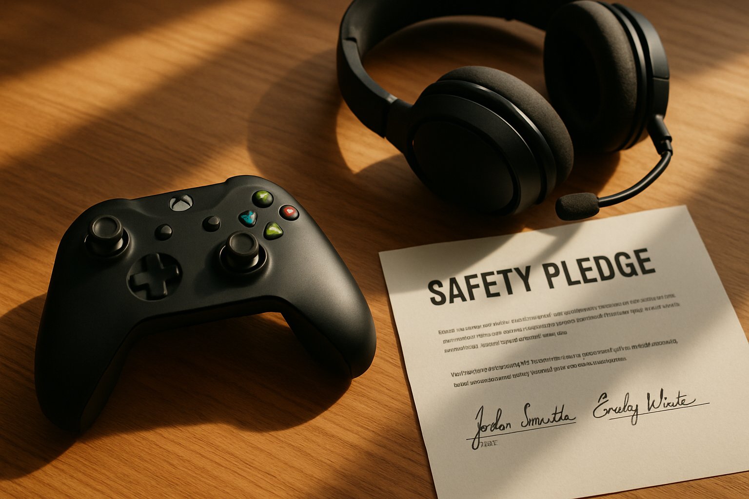 Gaming Industry safety pledge signed with controller and documents on desk.