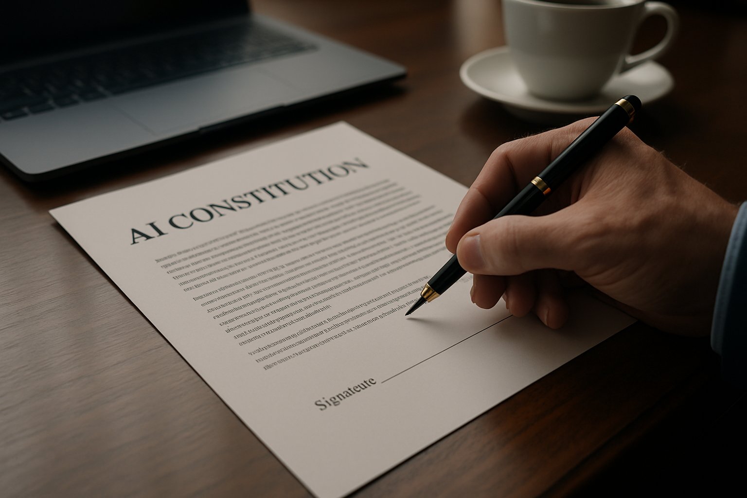 Signing the AI Constitution document in an office environment