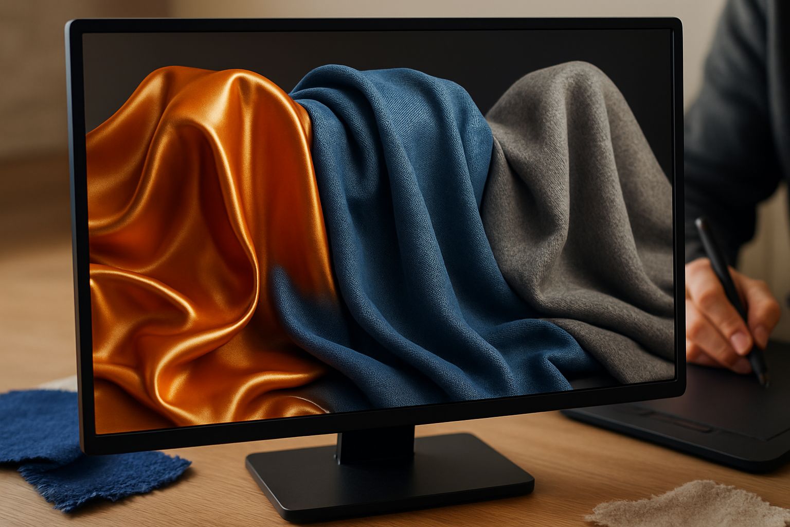 Photorealistic simulated fabrics displayed on screen using Fabric Simulation Renderers technology.