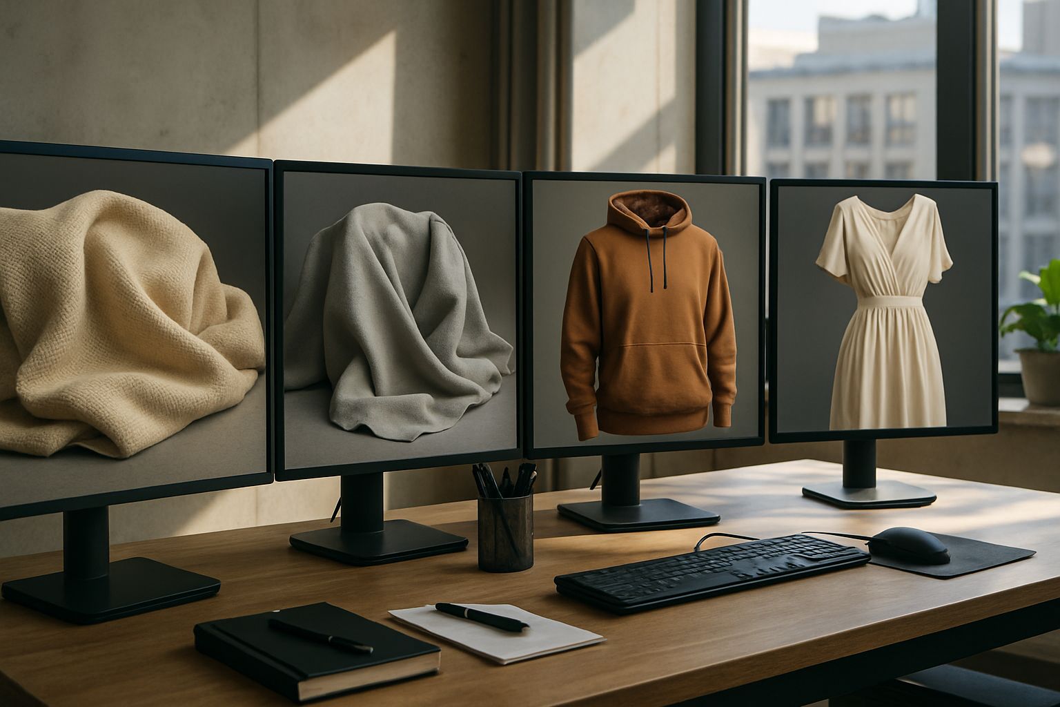 Virtual fabric simulation systems displaying realistic fabric renders in modern office