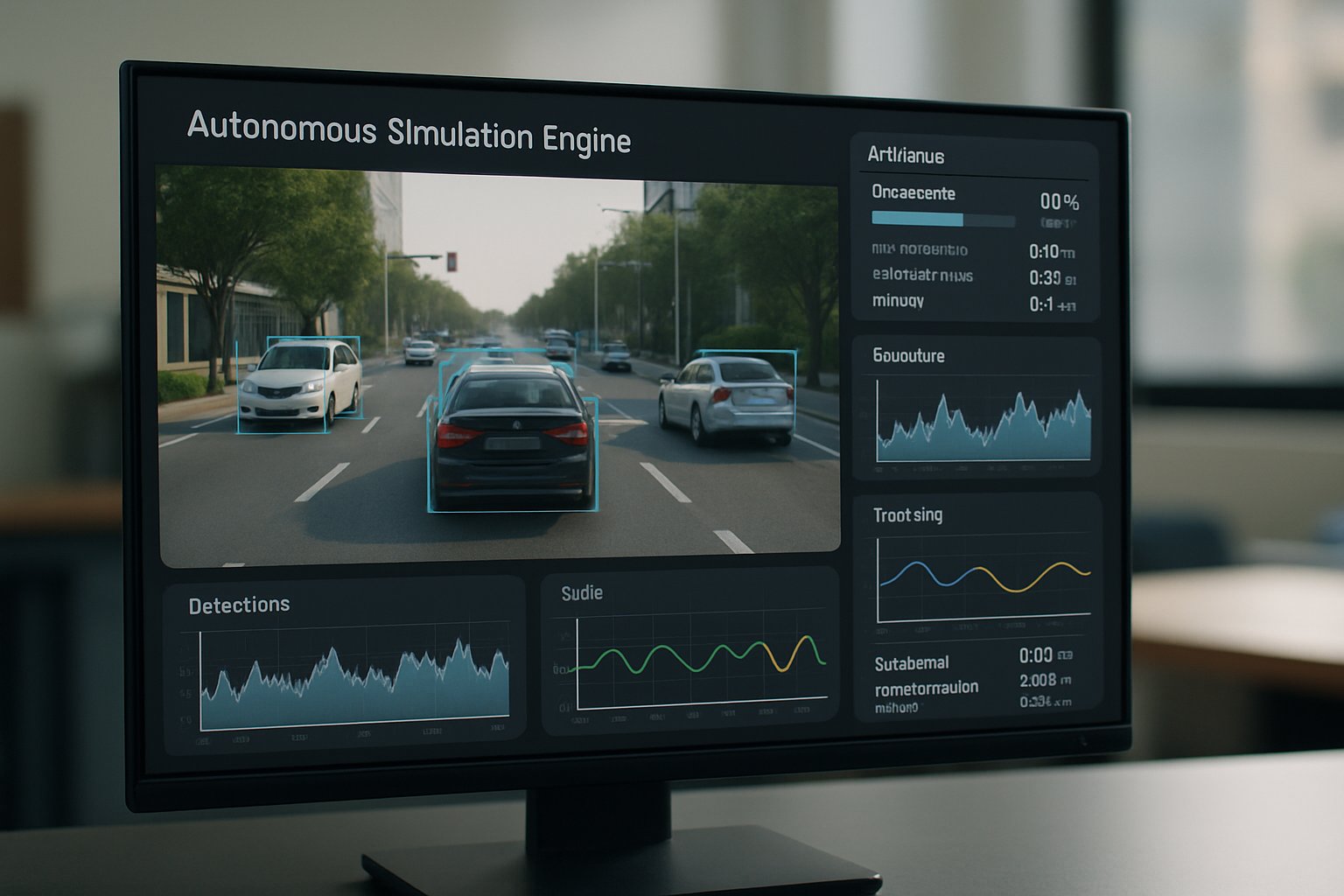 Monitor displays Autonomous Simulation Engine with real traffic and analytic graphs.