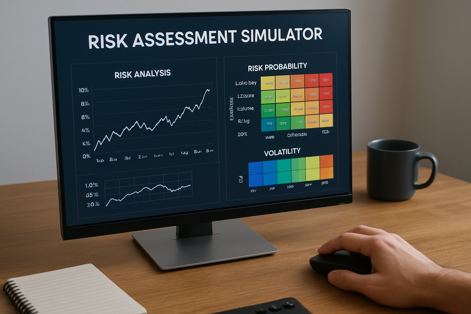 Advanced Risk Assessment Simulators interface with risk and volatility charts on screen.