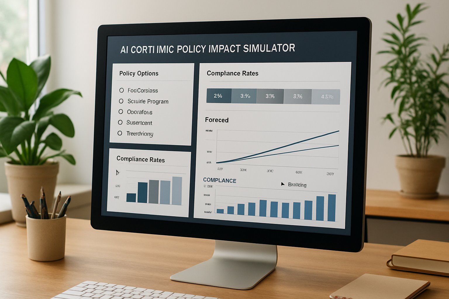 Algorithmic policy impact simulators dashboard on a computer monitor in a real office.