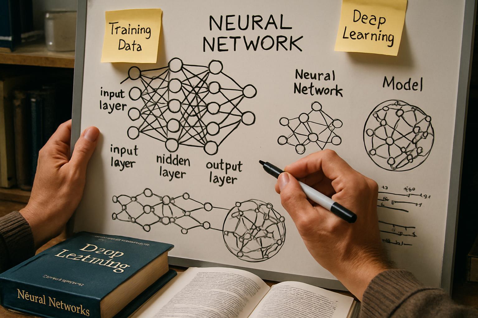 Hands sketching neural networks and world models during R&D session.