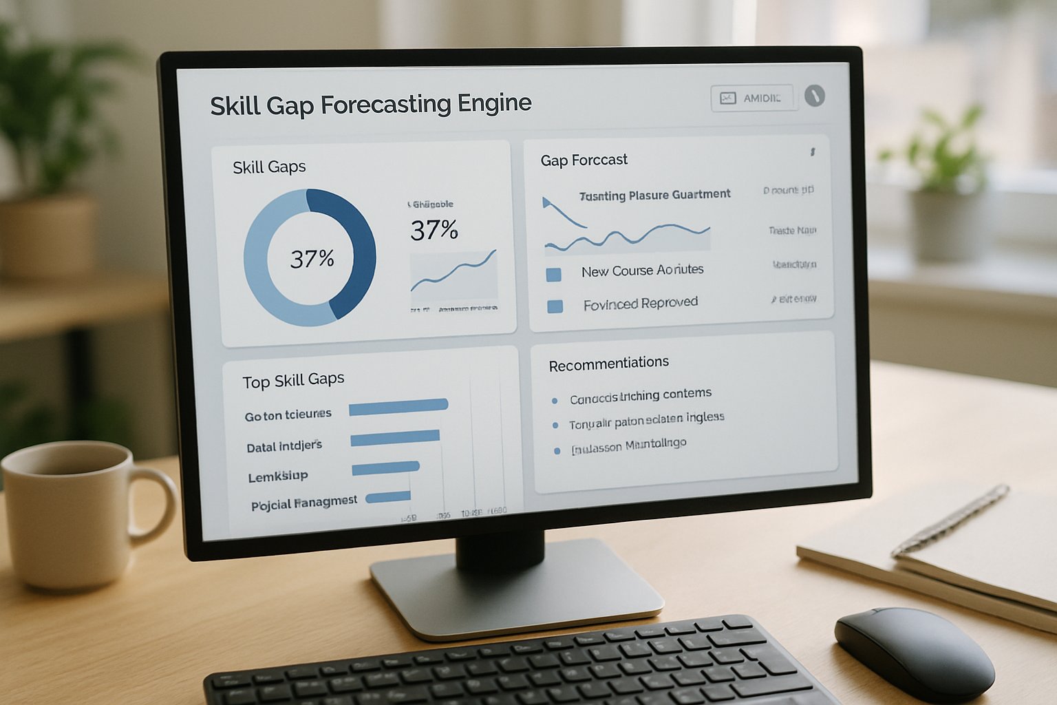 Skill gap forecasting engines dashboard on office computer screen.