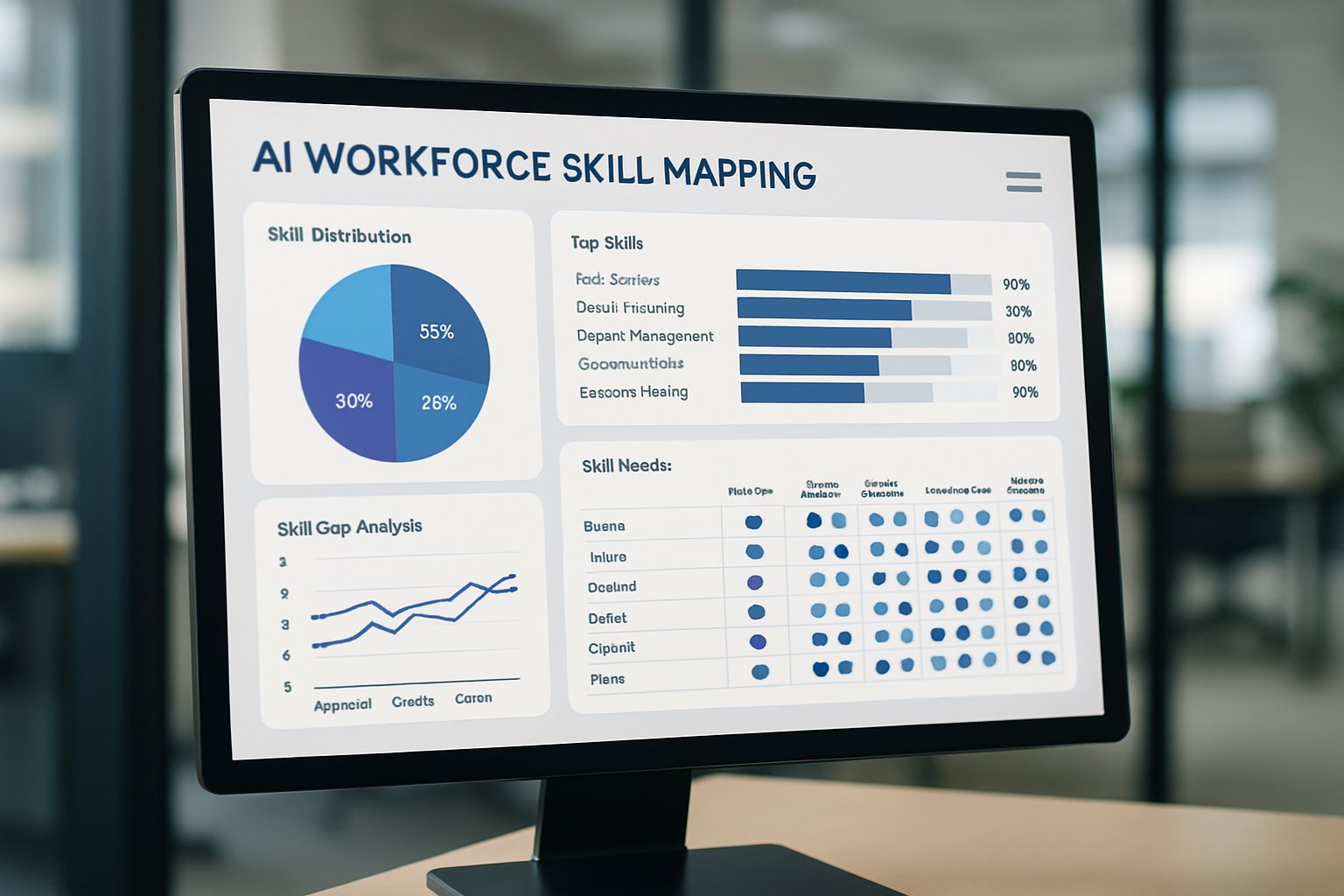 Computer screen showing AI workforce skill mapping systems dashboard with skill analytics.