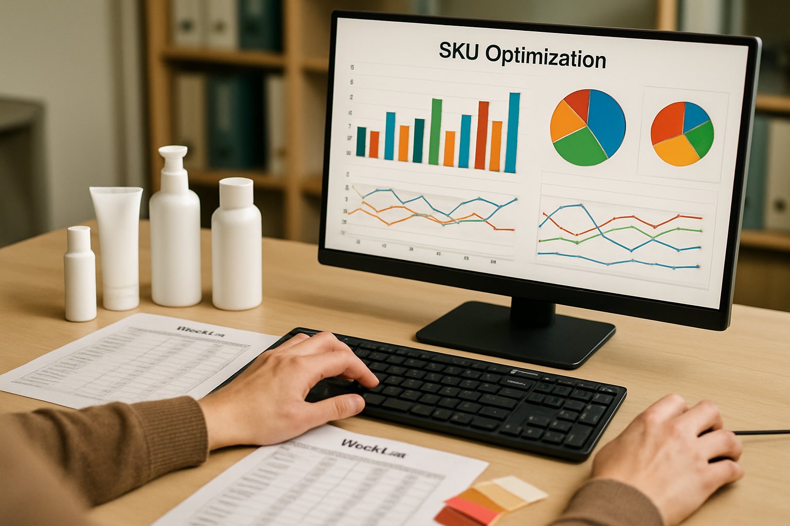 SKU optimization dashboard powered by predictive demand sensing models displayed on an office computer.