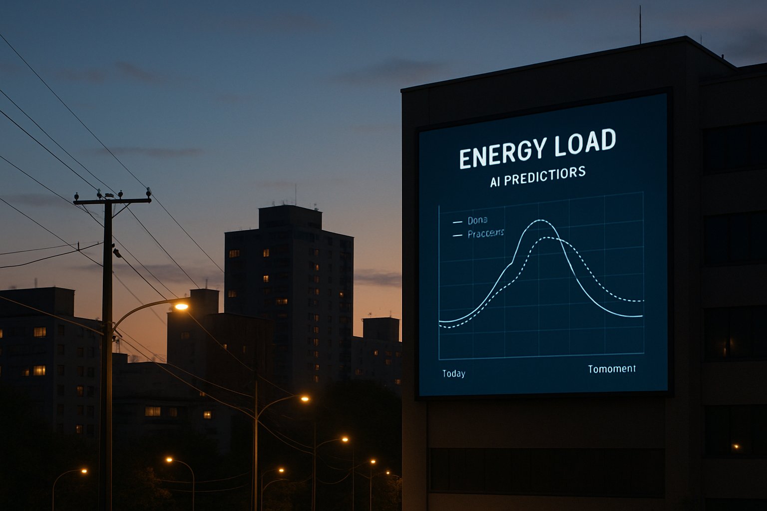 City grid illuminated at night with AI-powered energy load forecasting platforms data displayed.