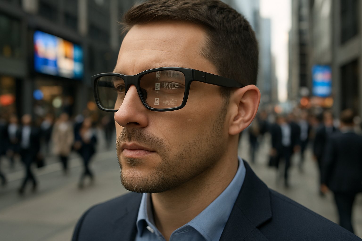Person wearing smart-glasses in public with focus on AR privacy regulations impact