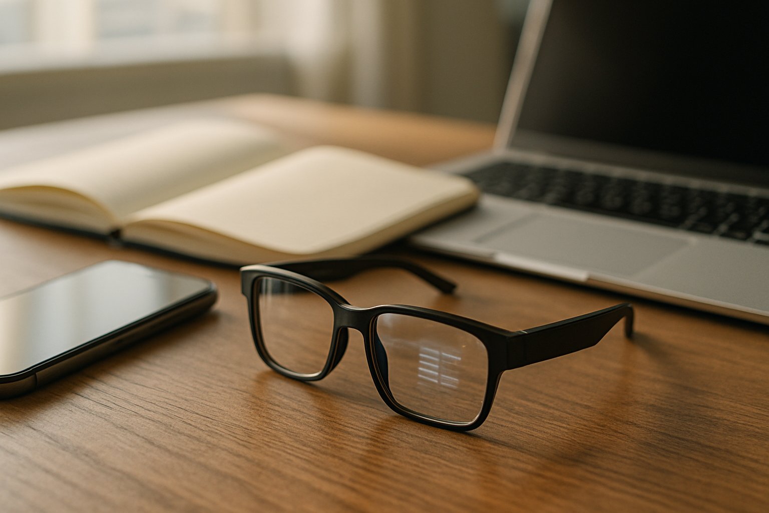 Smart glasses by Google DeepMind resting on an office desk beside tech devices