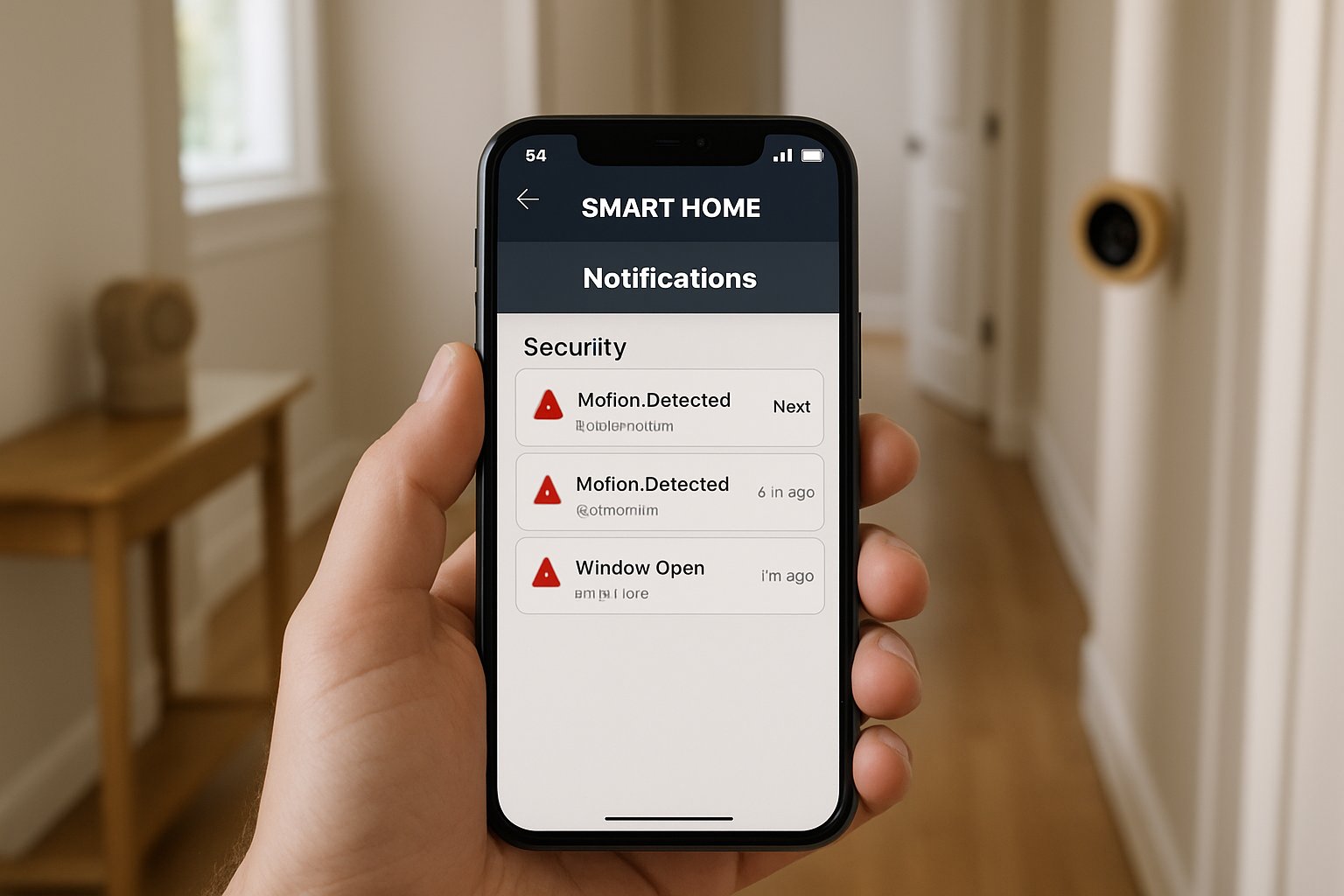 Smart Home security camera and app notification in realistic home setting.