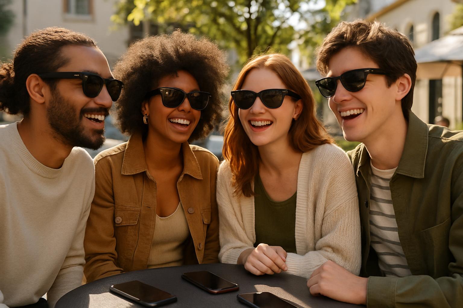 Group wearing Wearables Ray-Ban smart glasses socializing outdoors.