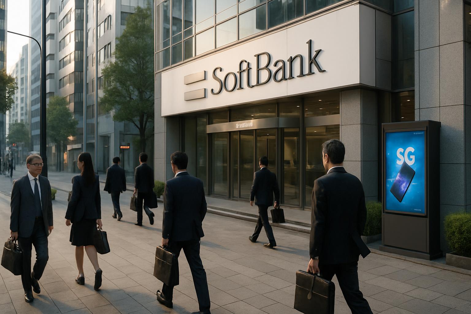 SoftBank investment headquarters in Tokyo with pedestrians passing by.