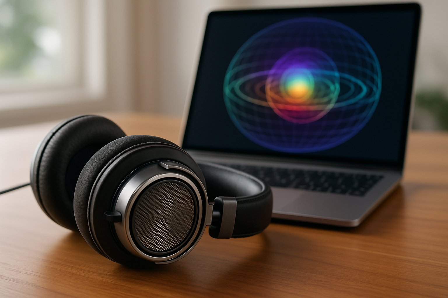 Spatial Audio AI headphones and visualization on laptop in sunlight.