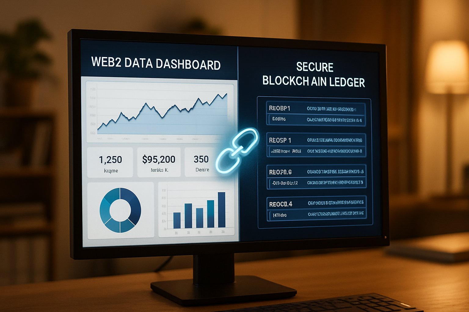 Computer monitor displays Embodied AI Platform connecting Web2 data with Web3 compute.