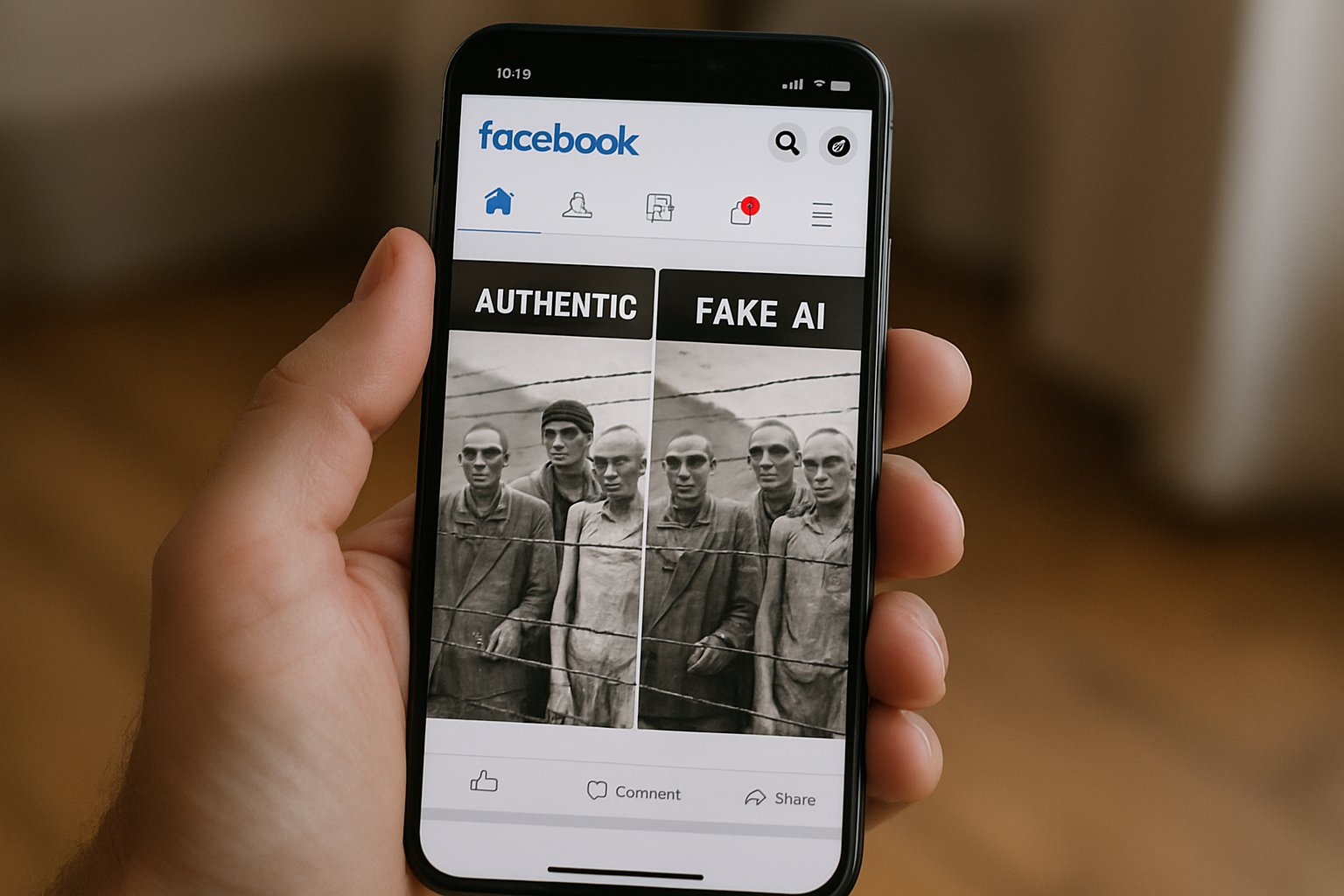 Fake AI photos contrasted with authentic Holocaust images on Facebook feed.