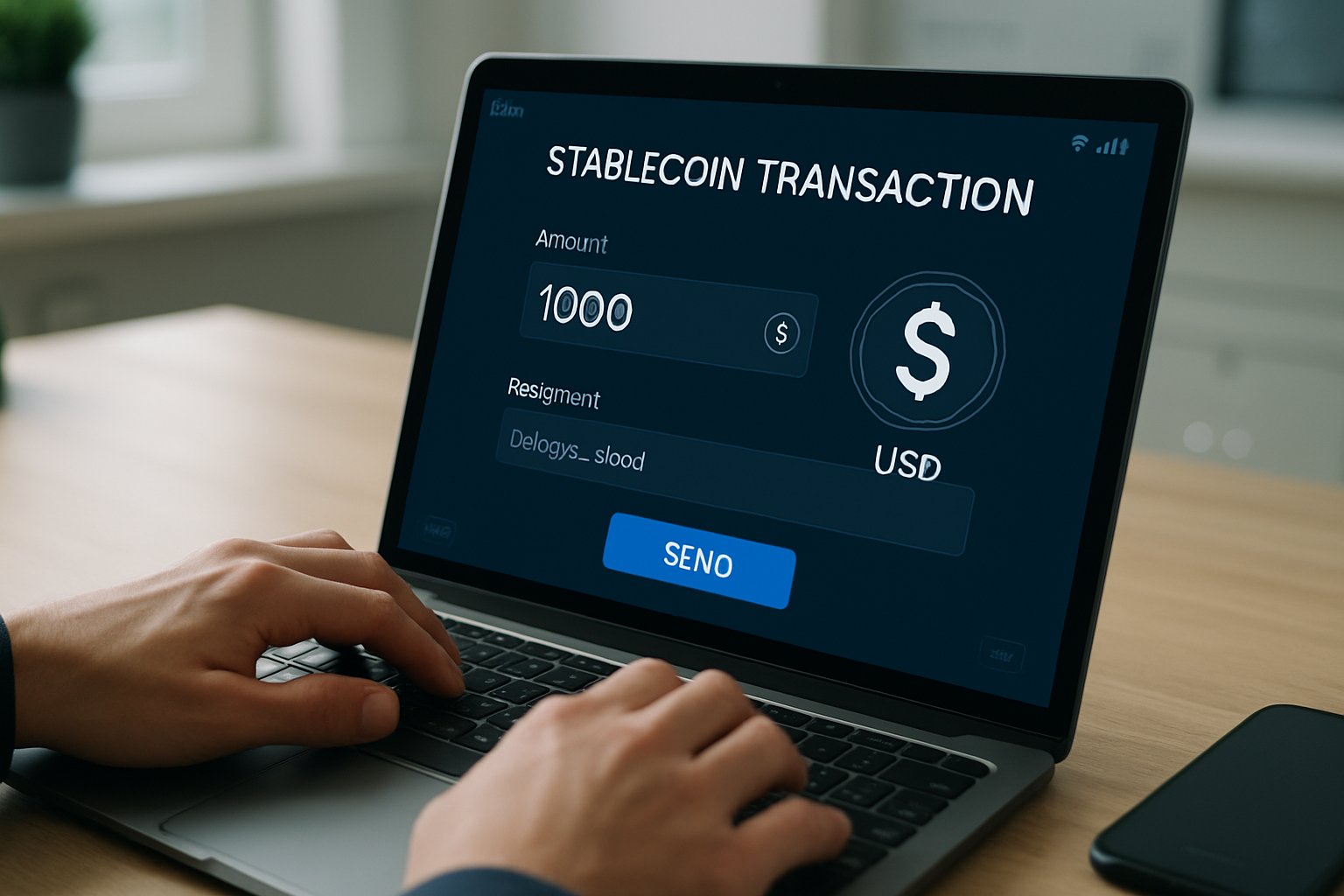 Stablecoin interface of Autonomous Payment Solution on laptop screen.