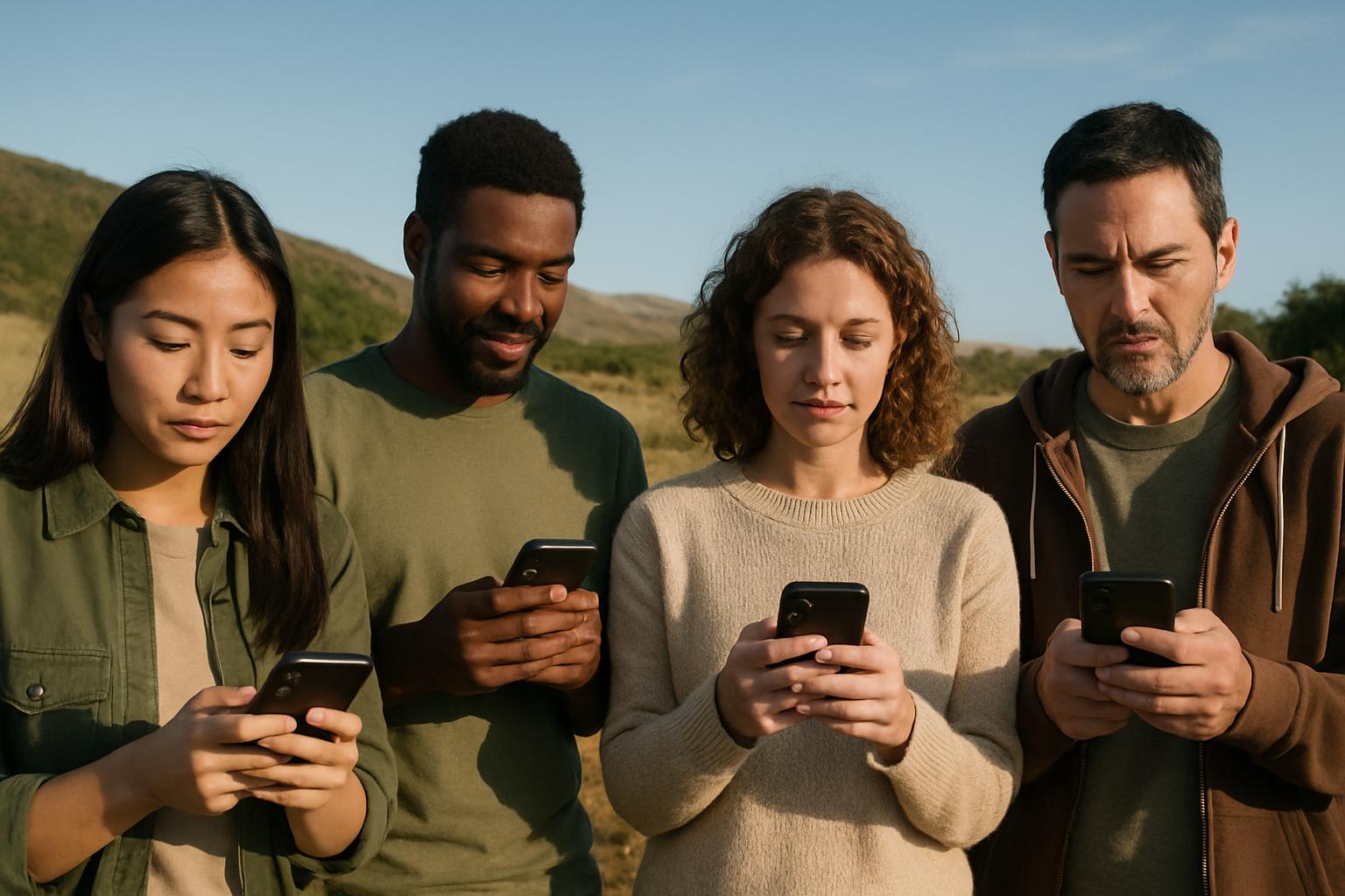 Remote users accessing Starlink Phone services outdoors with satellite connectivity.