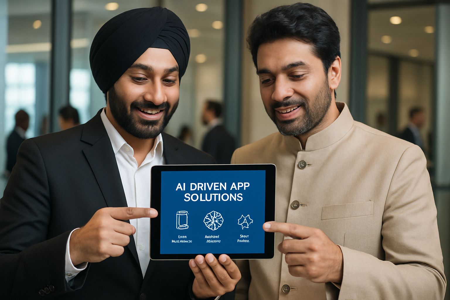 India AI Startups entrepreneurs discussing an AI app at a business event.