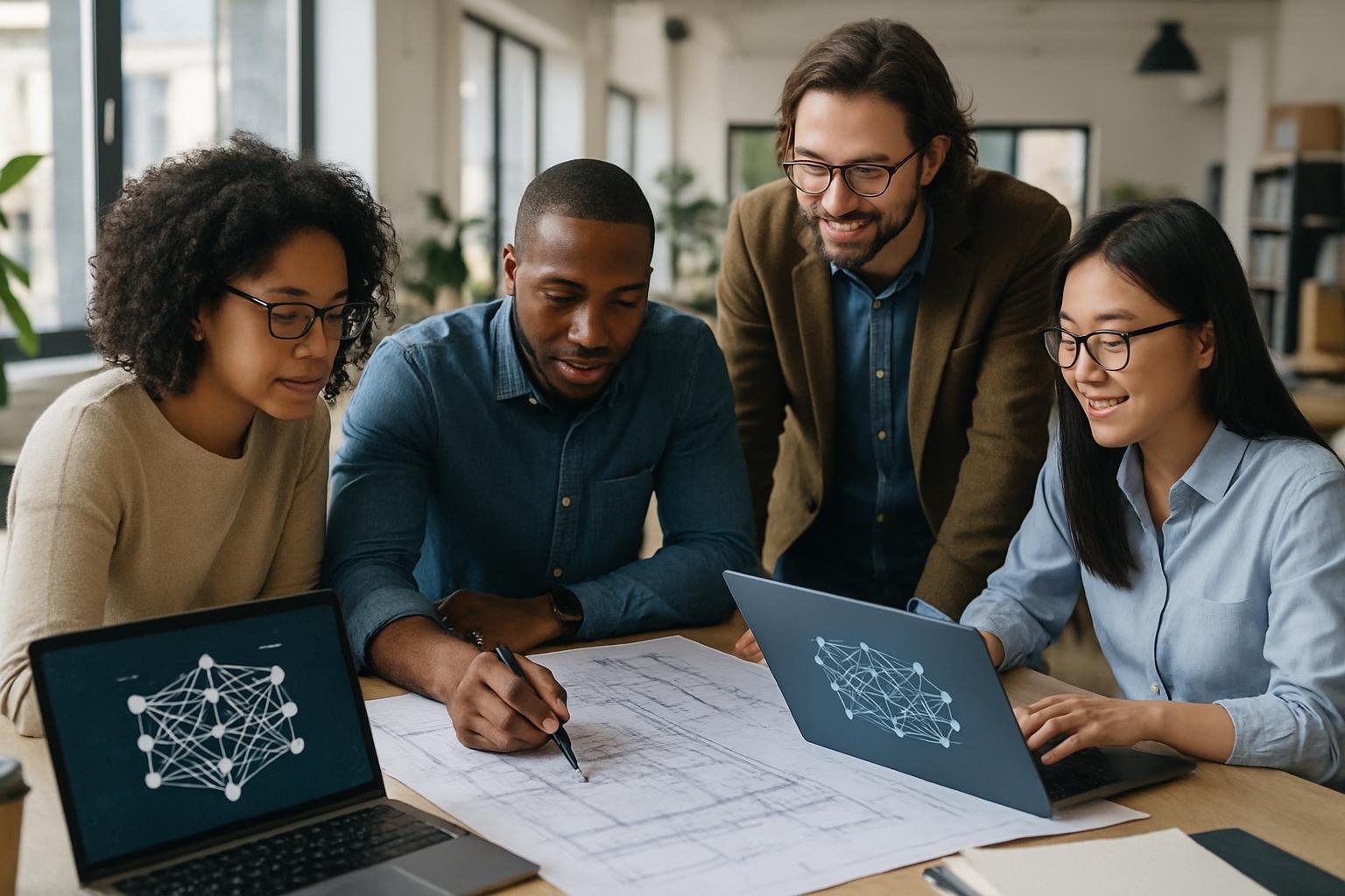 Startup team discussing AlphaGo-inspired AI technology in a collaborative office environment.