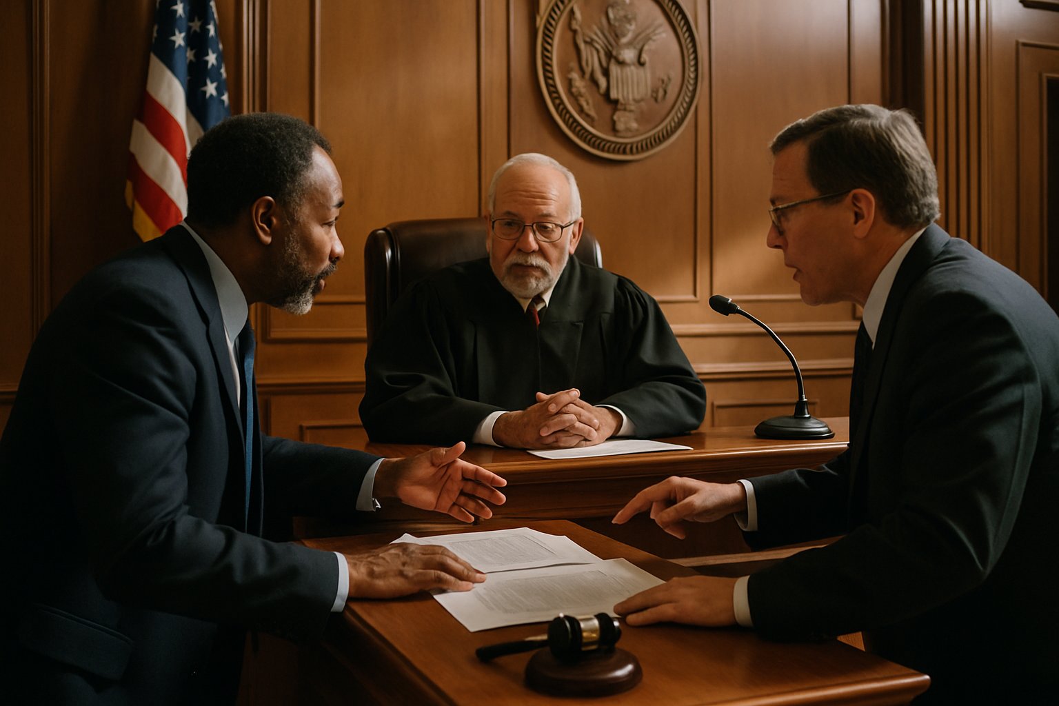 Courtroom debate over Federal AI Policy with attorneys and judge.